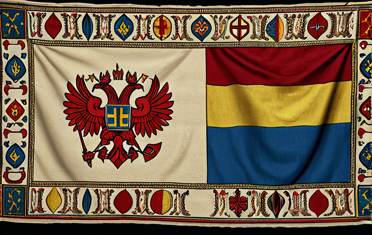 **Image Prompt:** "Historical tapestry depicting Moldavian and Ukrainian flags interwoven with symbols of Roman, Ottoman, and Russian empires. Muted colors, slightly aged look."