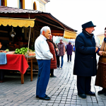 A diverse group of adults of varying ages, representing Moldovan, Russian, Gagauz, Ukrainian, and Bulgarian ethnicities, in a vibrant, sunlit market square in a historic Moldovan town. They are engaged in friendly conversation and simple transactions, showcasing a harmonious coexistence. Subjects are fully clothed in appropriate, modest attire, blending traditional patterns with contemporary professional and casual wear. The background features charming local architecture, with hints of traditional stalls selling crafts and produce. The scene is captured with professional photography, natural lighting, and rich, authentic colors. Perfect anatomy, correct proportions, natural pose, well-formed hands, proper finger count, safe for work, appropriate content, family-friendly.