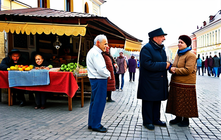 A diverse group of adults of varying ages, representing Moldovan, Russian, Gagauz, Ukrainian, and Bulgarian ethnicities, in a vibrant, sunlit market square in a historic Moldovan town. They are engaged in friendly conversation and simple transactions, showcasing a harmonious coexistence. Subjects are fully clothed in appropriate, modest attire, blending traditional patterns with contemporary professional and casual wear. The background features charming local architecture, with hints of traditional stalls selling crafts and produce. The scene is captured with professional photography, natural lighting, and rich, authentic colors. Perfect anatomy, correct proportions, natural pose, well-formed hands, proper finger count, safe for work, appropriate content, family-friendly.