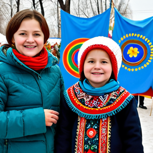 A Vibrant Cultural Celebration**

"A family-friendly scene at a Maslenitsa festival in Moldova. People of all ages, fully clothed in traditional and modest attire, are enjoying blini and participating in joyful outdoor activities. A cultural center is visible in the background, decorated with colorful banners. Safe for work, appropriate content, perfect anatomy, natural proportions, professional photography, high quality."

**