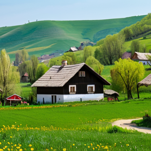 "A picturesque Moldovan village in springtime, with blooming fruit trees and wildflowers in the foreground, traditional houses with thatched roofs, rolling green hills in the background, perfect anatomy, correct proportions, natural pose, safe for work, appropriate content, fully clothed, professional photography, family-friendly."
