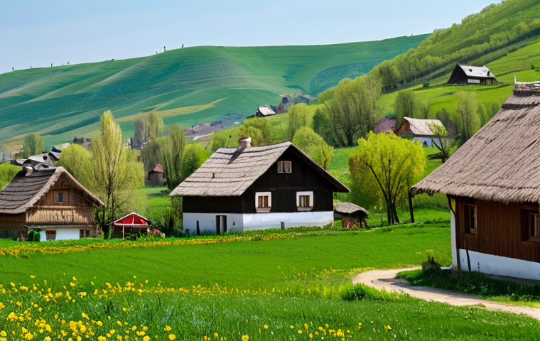 "A picturesque Moldovan village in springtime, with blooming fruit trees and wildflowers in the foreground, traditional houses with thatched roofs, rolling green hills in the background, perfect anatomy, correct proportions, natural pose, safe for work, appropriate content, fully clothed, professional photography, family-friendly."