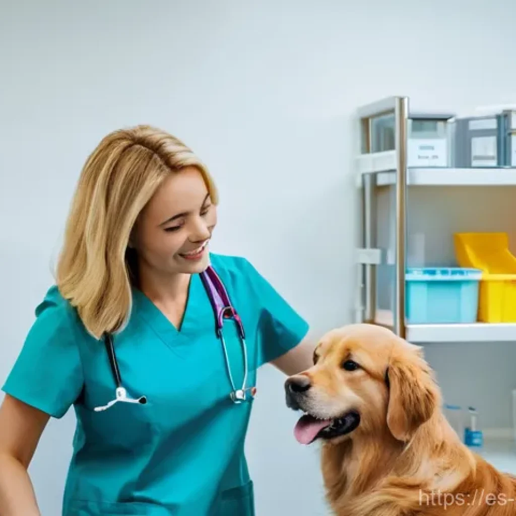 몰도바에서 개 키우기 - **Prompt**: A modern and welcoming veterinary clinic in Chisinau. A kind female veterinarian, in her...