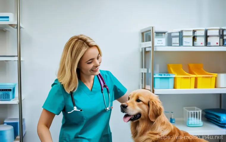 몰도바에서 개 키우기 - **Prompt**: A modern and welcoming veterinary clinic in Chisinau. A kind female veterinarian, in her...