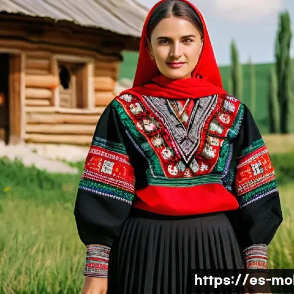 몰도바 전통 의상 - A traditional Moldovan woman wearing an intricately embroidered "ie" blouse with geometric and flora...