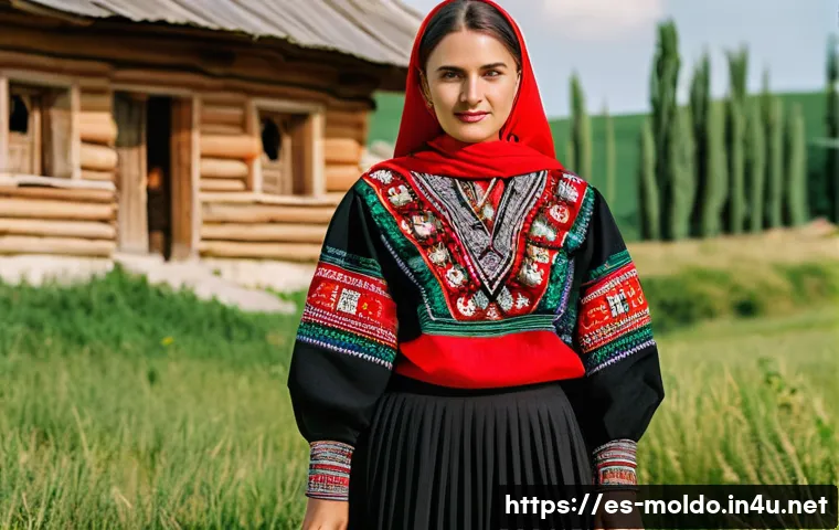몰도바 전통 의상 - A traditional Moldovan woman wearing an intricately embroidered "ie" blouse with geometric and flora...