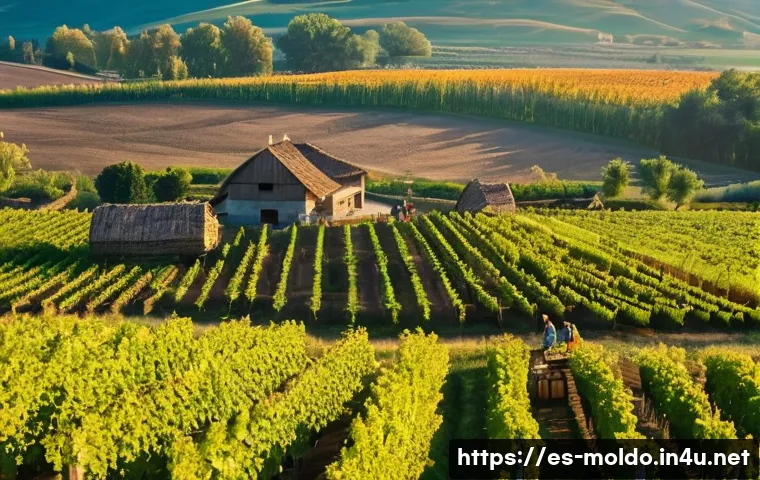 몰도바 vs 조지아 경제 비교 - A vibrant rural Moldovan agricultural scene at sunrise, featuring farmers in traditional clothing ha...