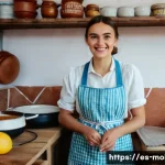 몰도바 유명 유튜버 - A cozy Moldovan kitchen scene featuring a young woman in casual clothes and an apron preparing tradi...