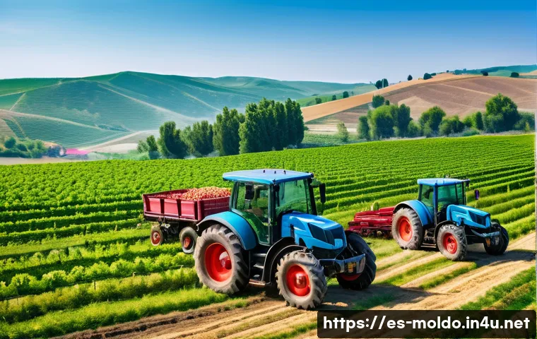 몰도바 경제 성장 - A vibrant rural scene in Moldova showcasing modern agriculture: a diverse group of small-scale farme...