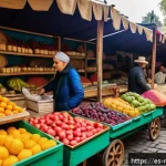 몰도바 전통시장 - A vibrant traditional Moldovan market scene in Chișinău during early morning, featuring colorful sta...