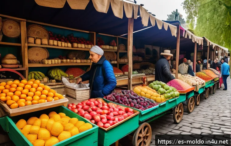 몰도바 전통시장 - A vibrant traditional Moldovan market scene in Chișinău during early morning, featuring colorful sta...
