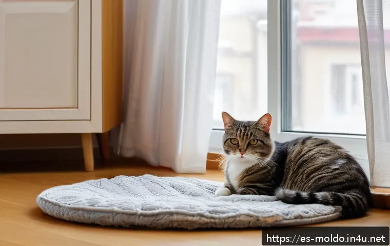 몰도바에서 고양이 키우기 - A cozy indoor corner of a typical Moldovan apartment in Chisinau designed for a domestic cat: soft b...